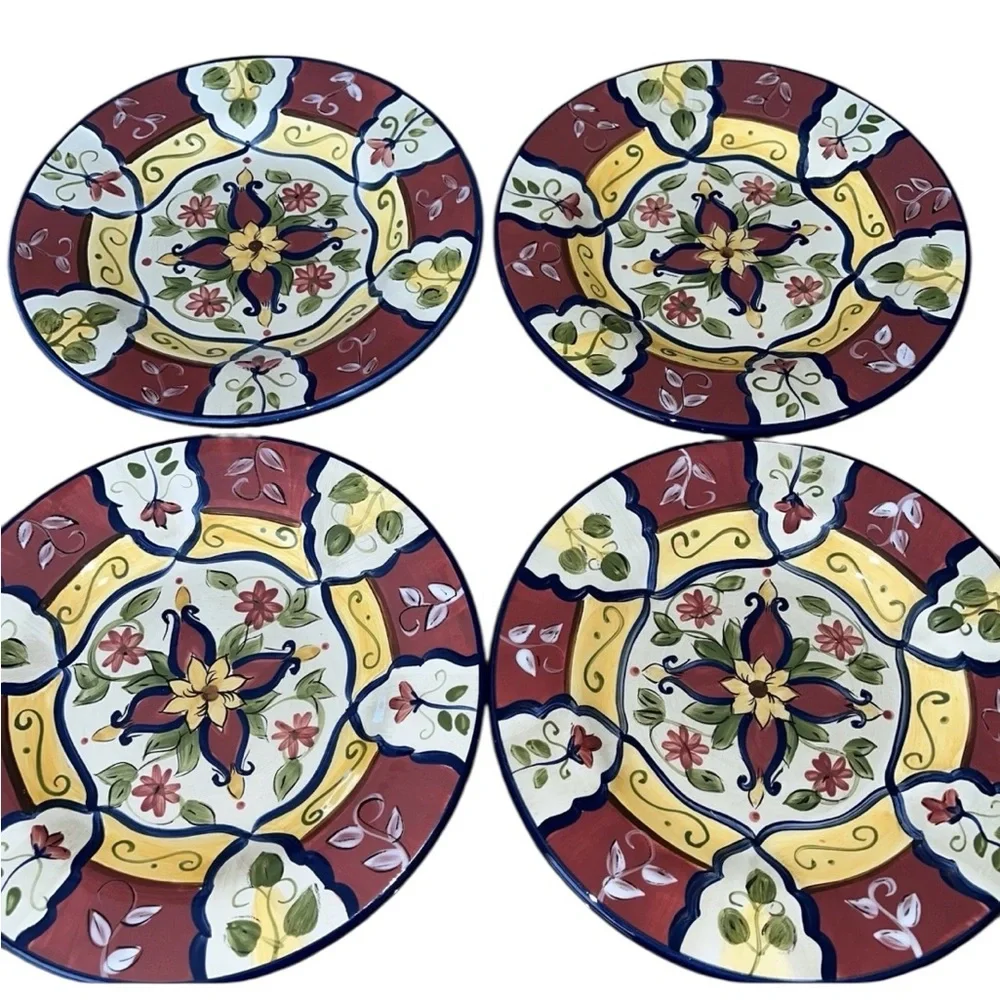 Vintage Pier 1 Lunch Salad 9 in Plates Vallarta Hand Painted Colorful Set of 4